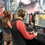Gamer wearing a headset at a PC gaming station