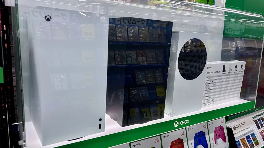 Xbox Series X and Series S consoles on a store shelf