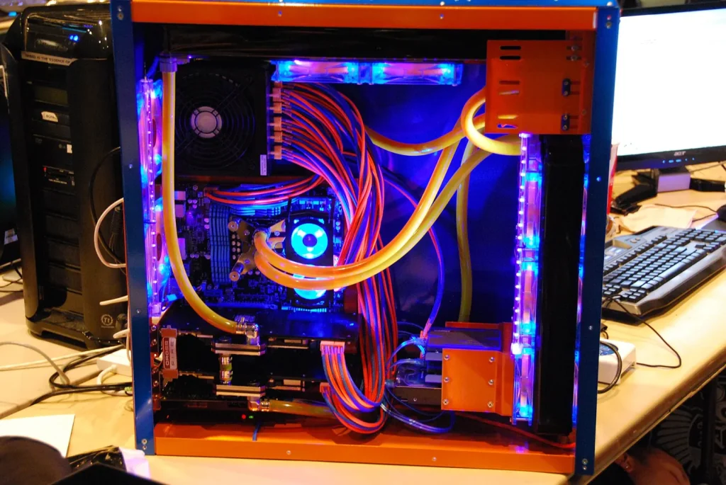 A water-cooled PC with colorful lighting