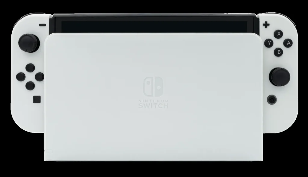 Nintendo Switch OLED model in its dock with Joy-Con controllers