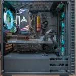 Inside a gaming PC showing the graphics card and CPU cooler