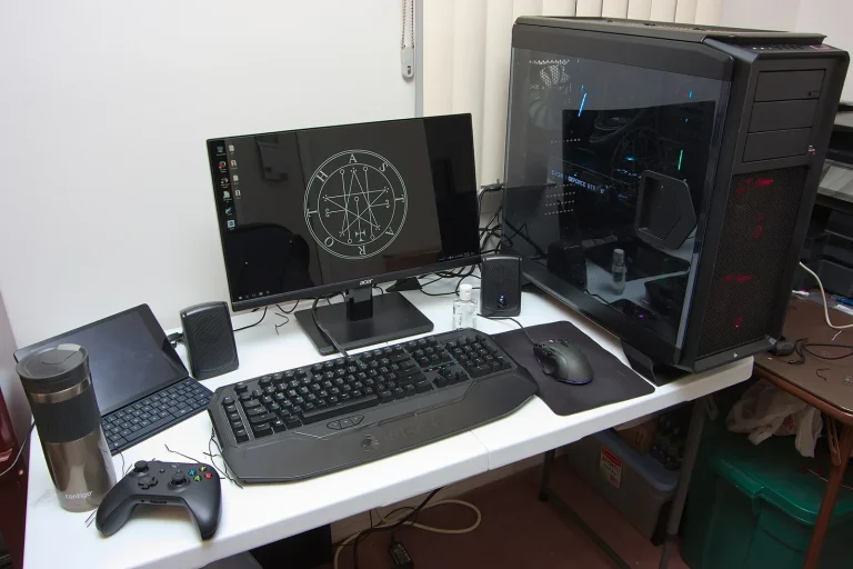 A gaming PC setup with monitor, keyboard and mouse