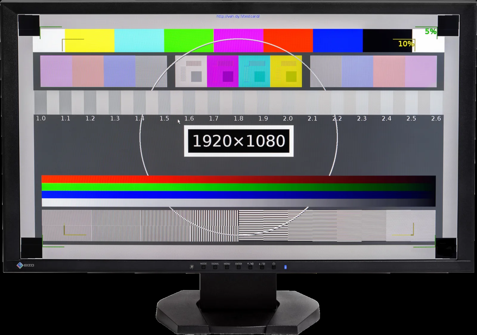 A gaming monitor displaying a test pattern