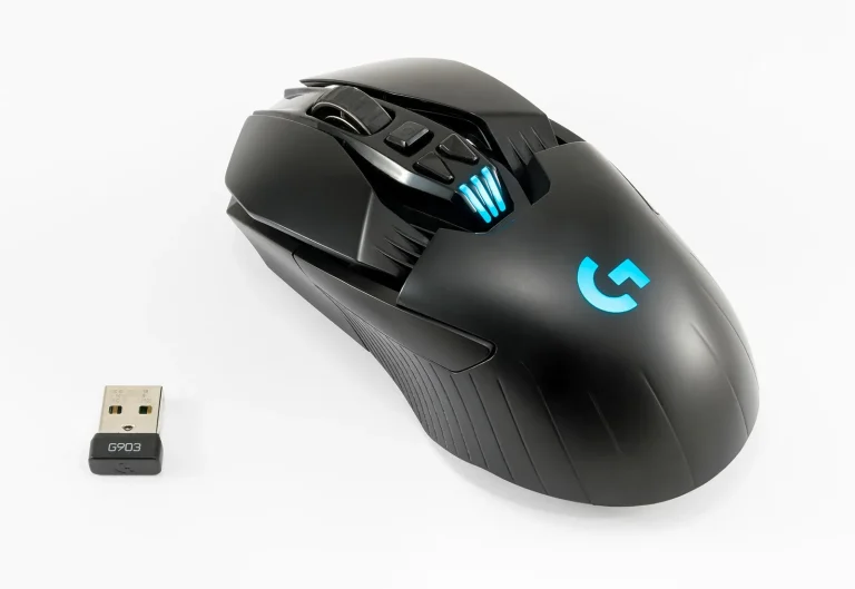 A wireless gaming mouse on a desk